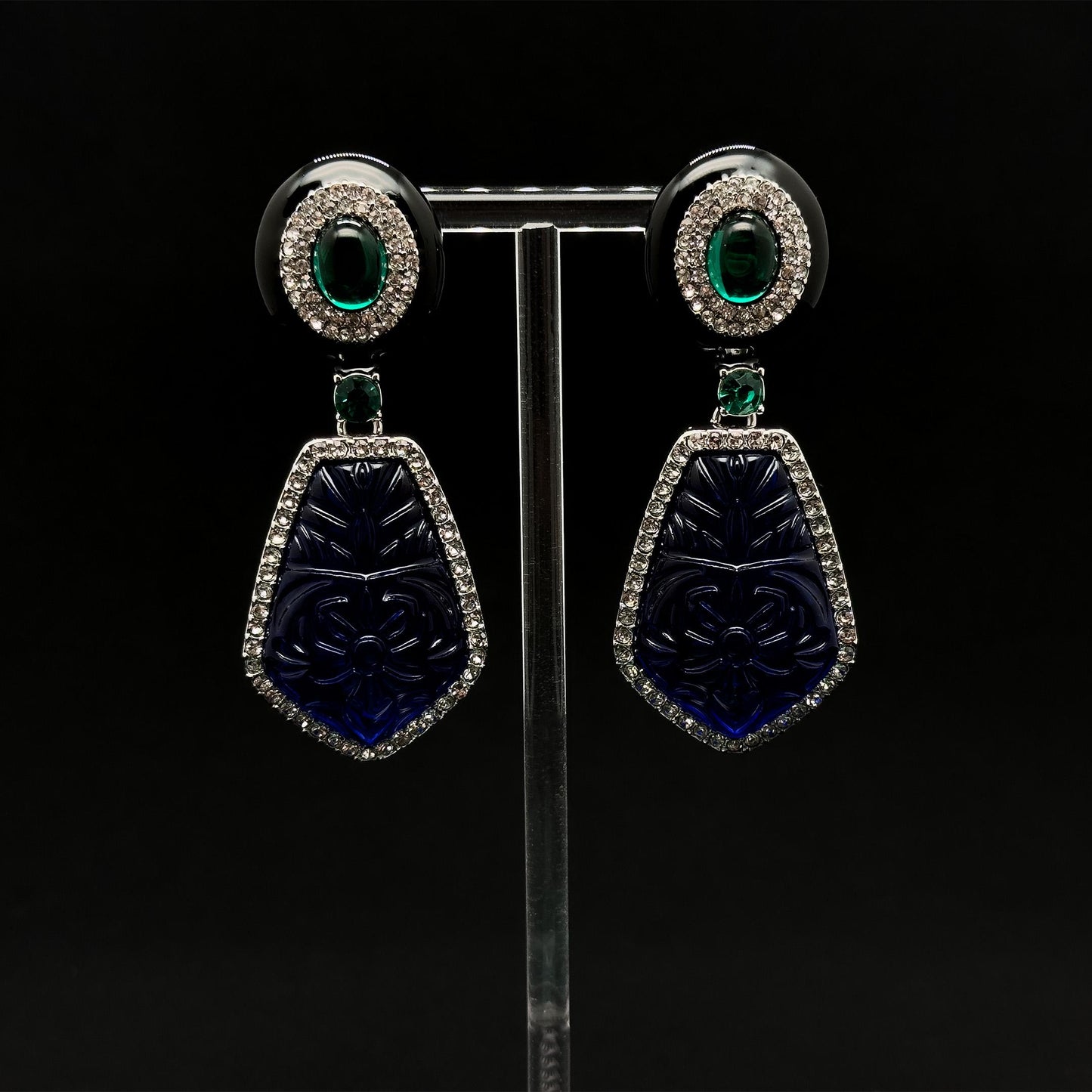 French Vintage Blue Glass Totem Statement Dangle Earrings, Art Deco