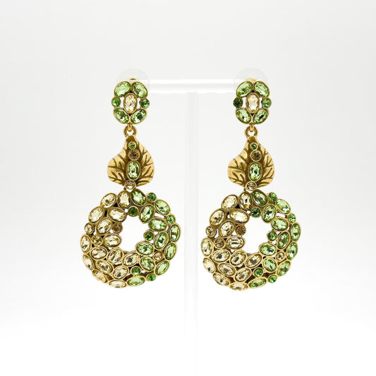 French Vintage Green Leaf Drop Earrings with Rhinestones Silver Hooks
