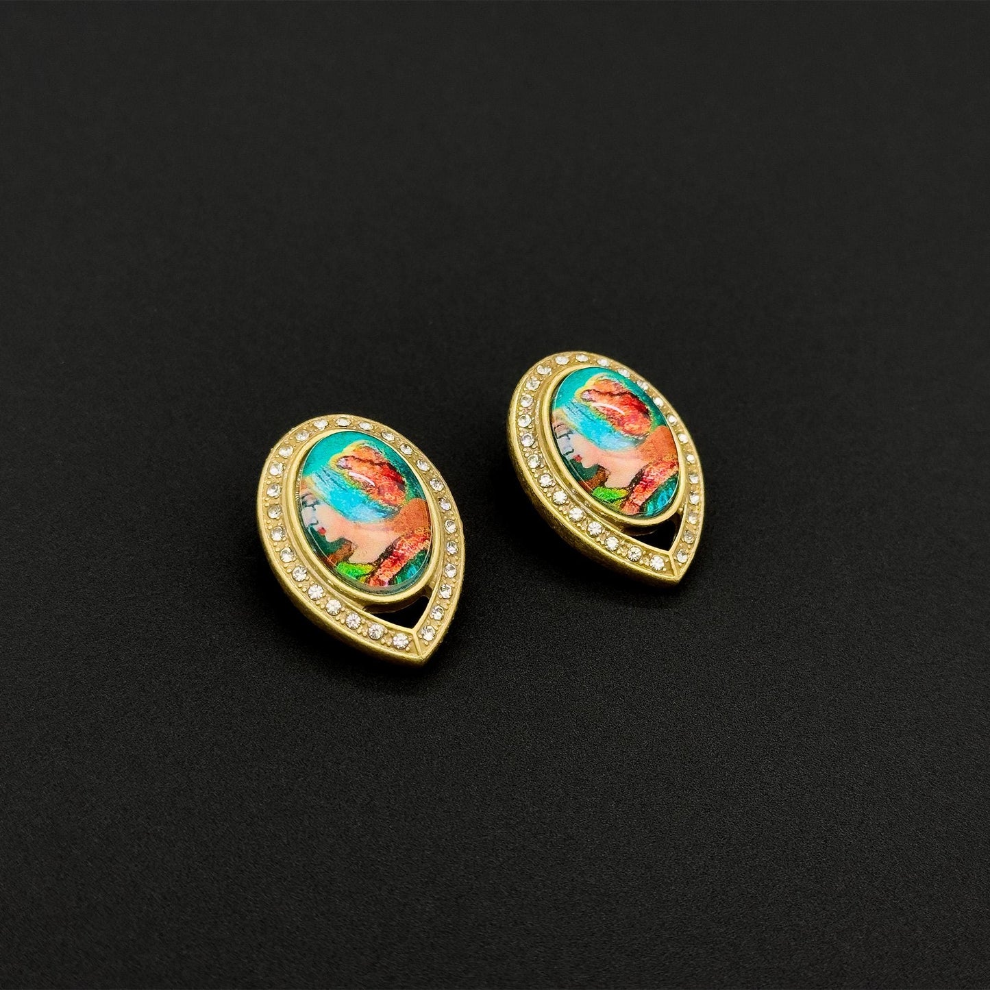 Vintage Art Deco Portrait Rhinestone Resin Copper Stud Earrings