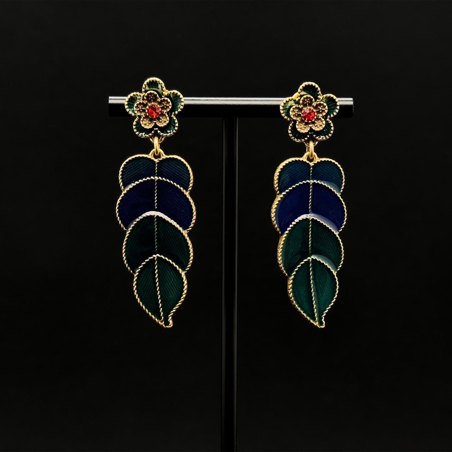 Vintage Art Deco Green Leaf Enamel Drop Earrings with Rhinestones