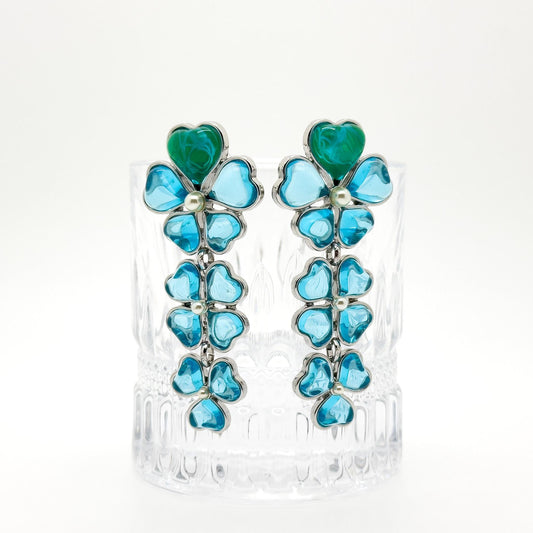 Sapphire Blue Four-Leaf Clover Long Earrings, Resin Pearl Dangles