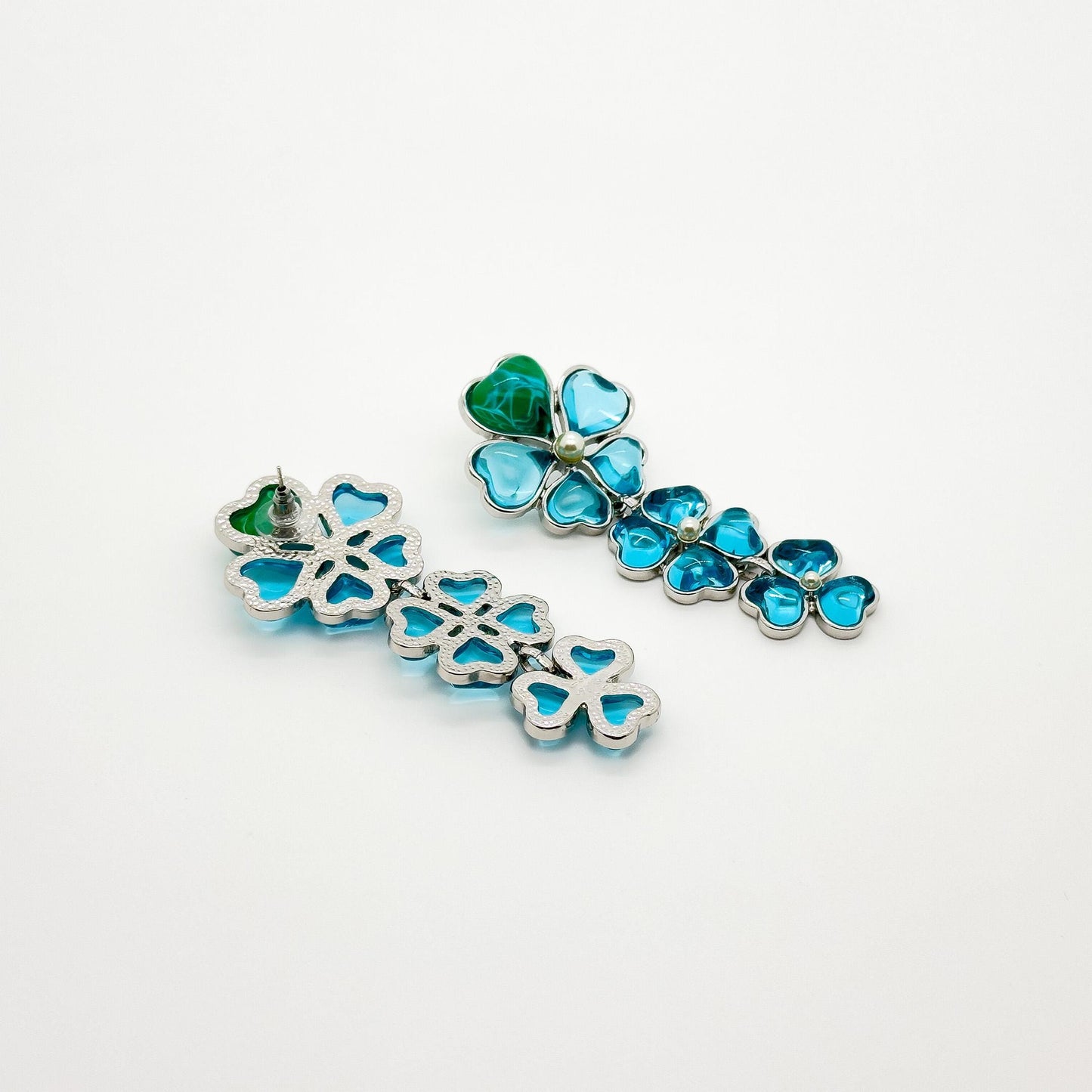 Sapphire Blue Four-Leaf Clover Long Earrings, Resin Pearl Dangles