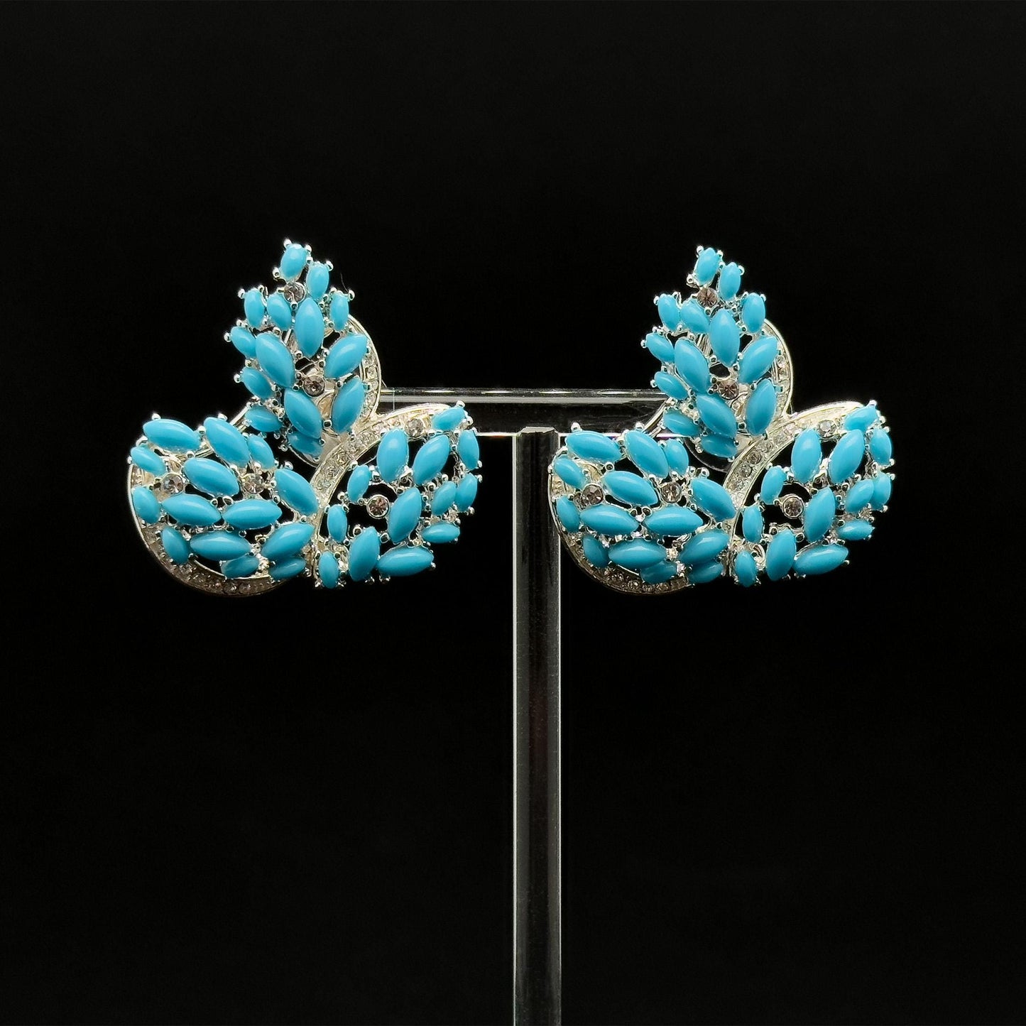 French Blue Leaf Rhinestone Drop Earrings Vintage Art Deco Style