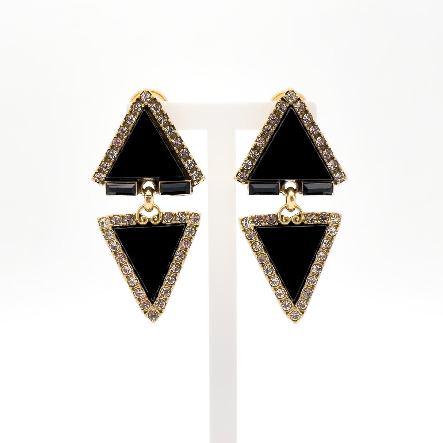 Art Deco Rhinestone Triangle Dangle Earrings with Copper Hooks