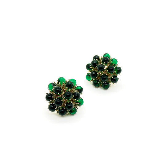 French Vintage Green Hydrangea Stud Earrings, Glass Flower, Gold-Plated