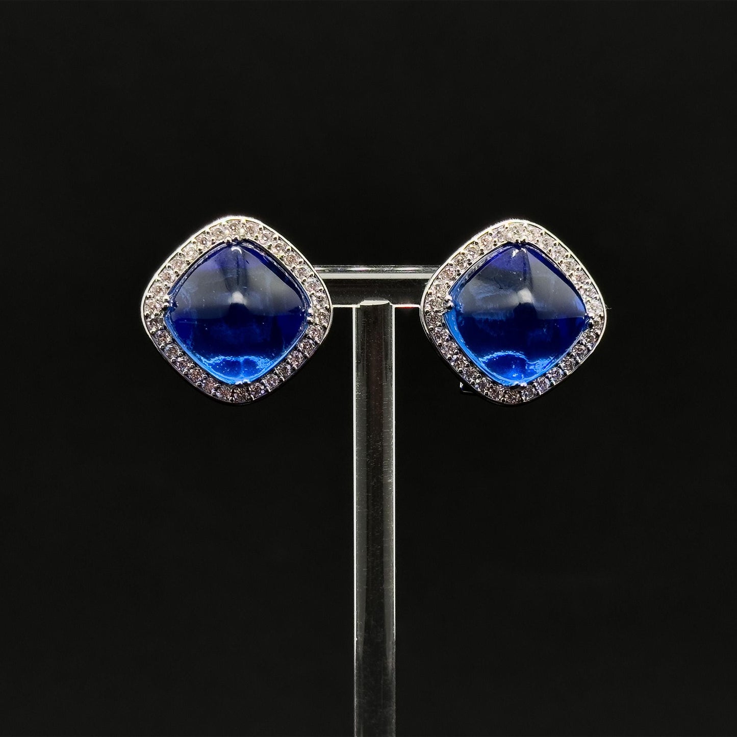 French Light Luxury Blue Glass Square Stud Earrings, 925 Silver