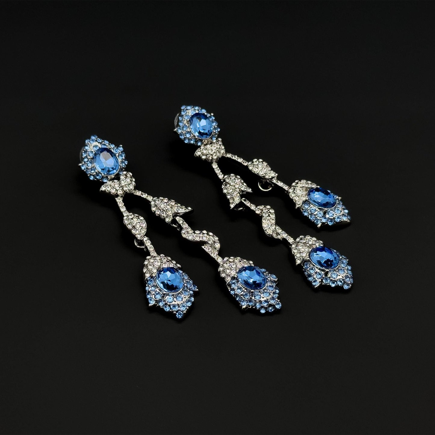 Vintage Teal Blue Flower Drop Earrings, Glass Rhinestone Titanium Hooks