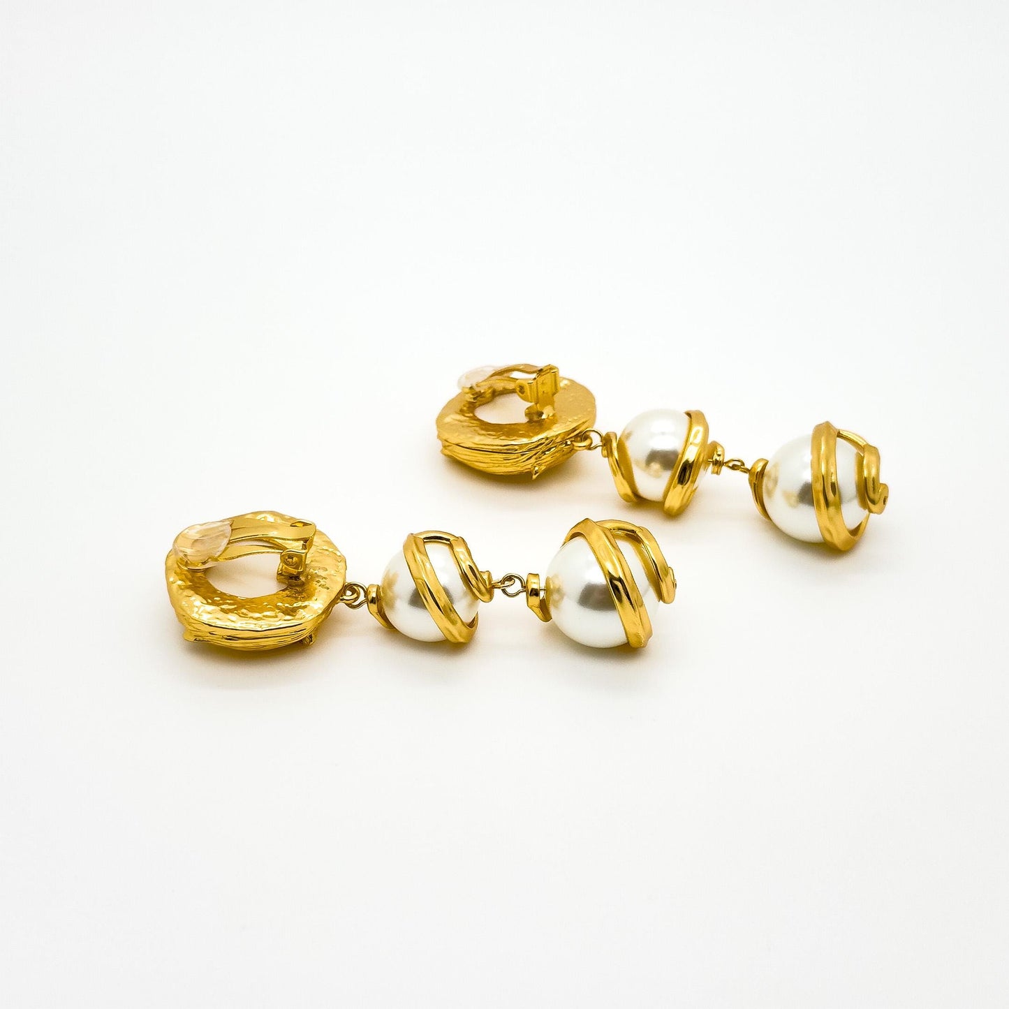 Baroque Pearl Drop Clip-On Earrings Gold-Plated Long Dangle Pair