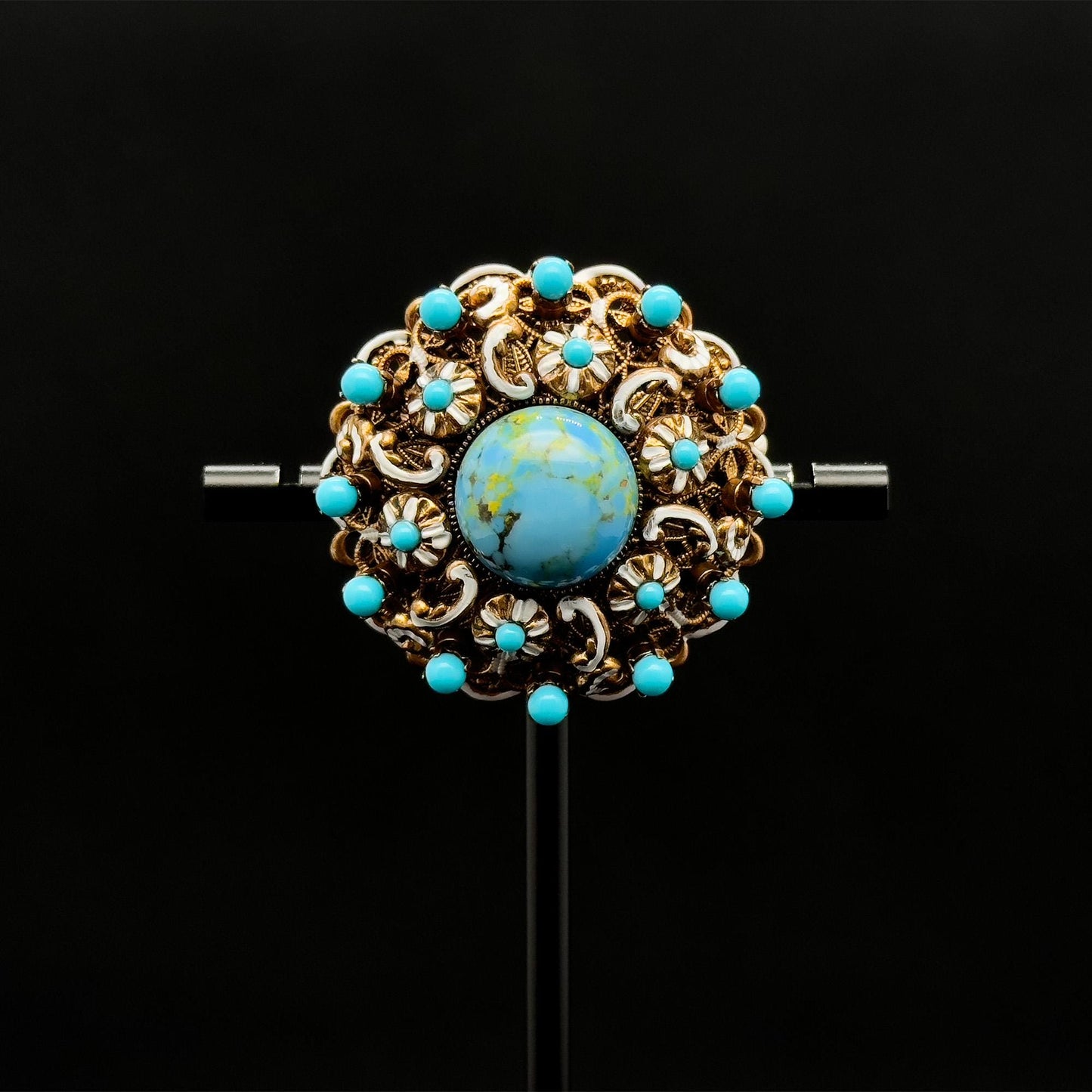 Vintage Art Deco Copper Stone Boho Floral Brooch 40mm