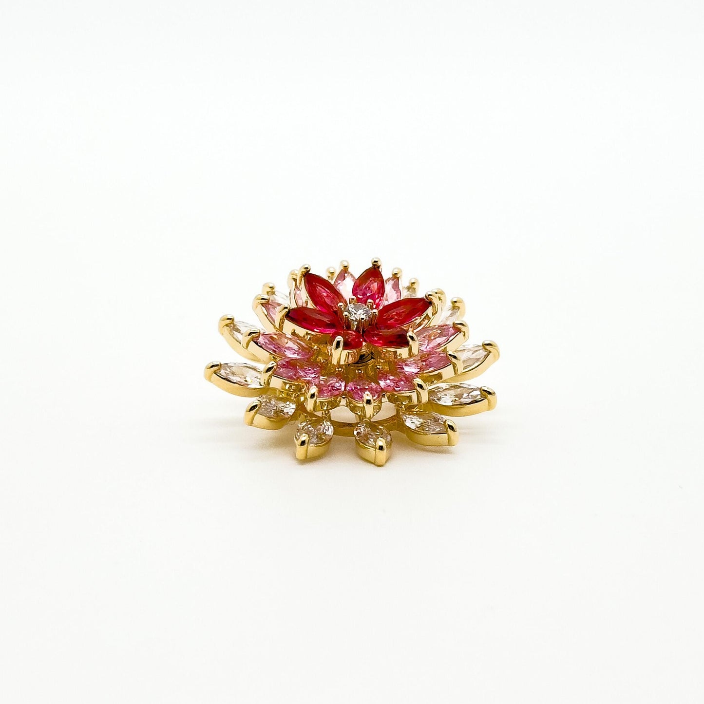 Pink Gradient Rotating Sunflower Brooch, Gold-Plated Zircon Pin