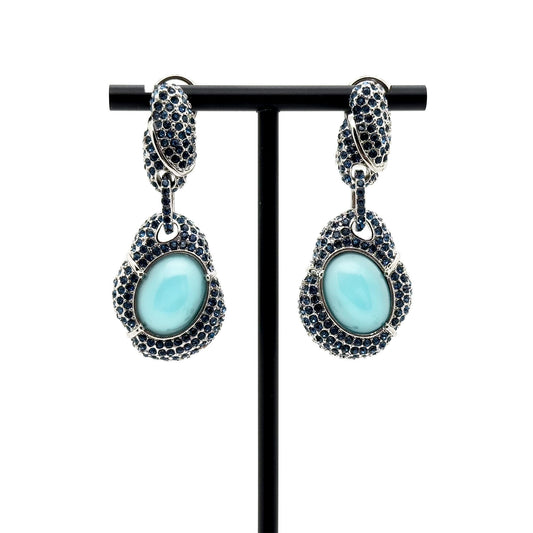 Vintage Art Deco Turquoise Dangle Earrings with Rhinestones, Copper