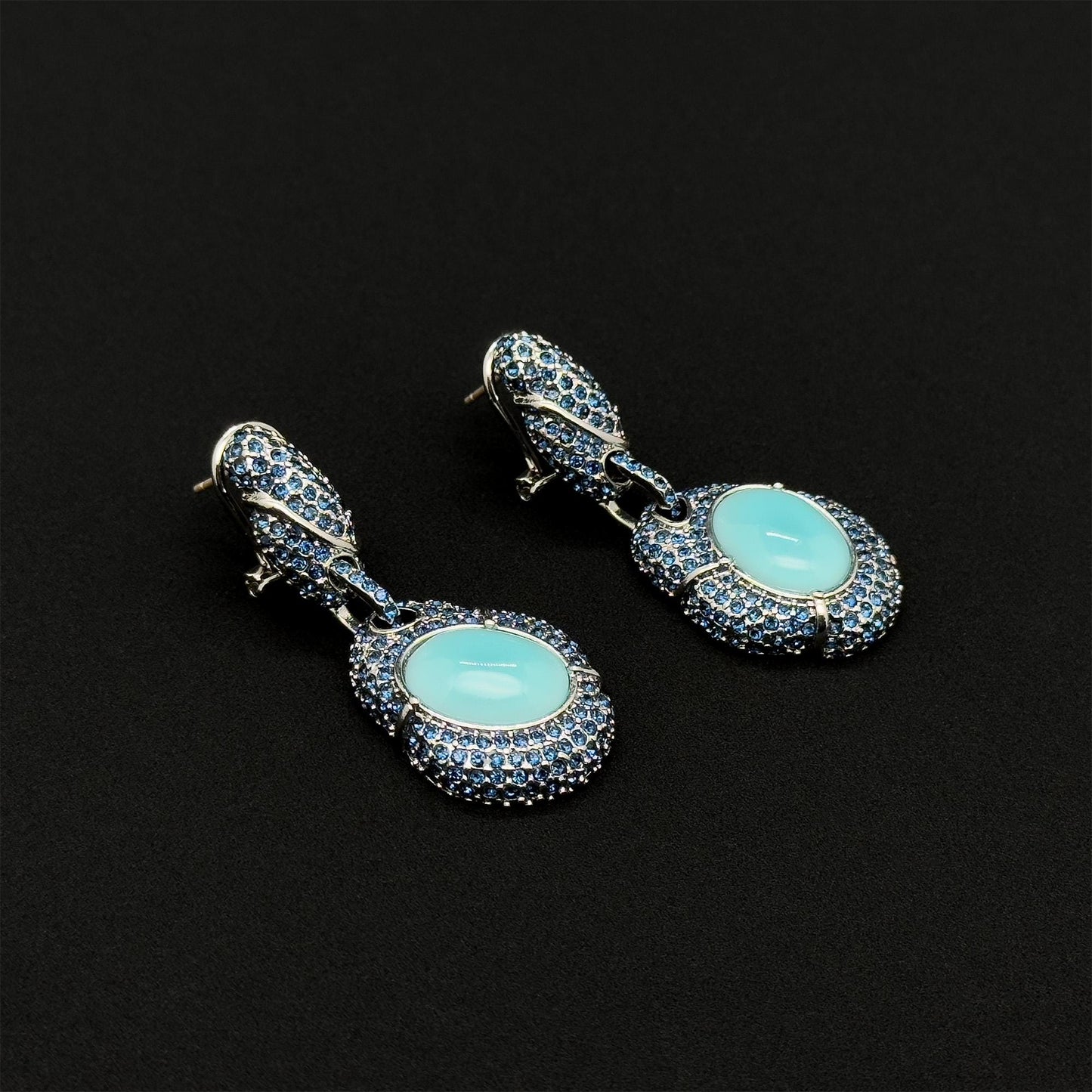 Vintage Art Deco Turquoise Dangle Earrings with Rhinestones, Copper