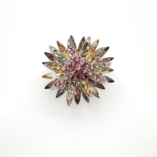 Art Deco Sunflower Crystal Brooch – 3D Vintage Copper Pin