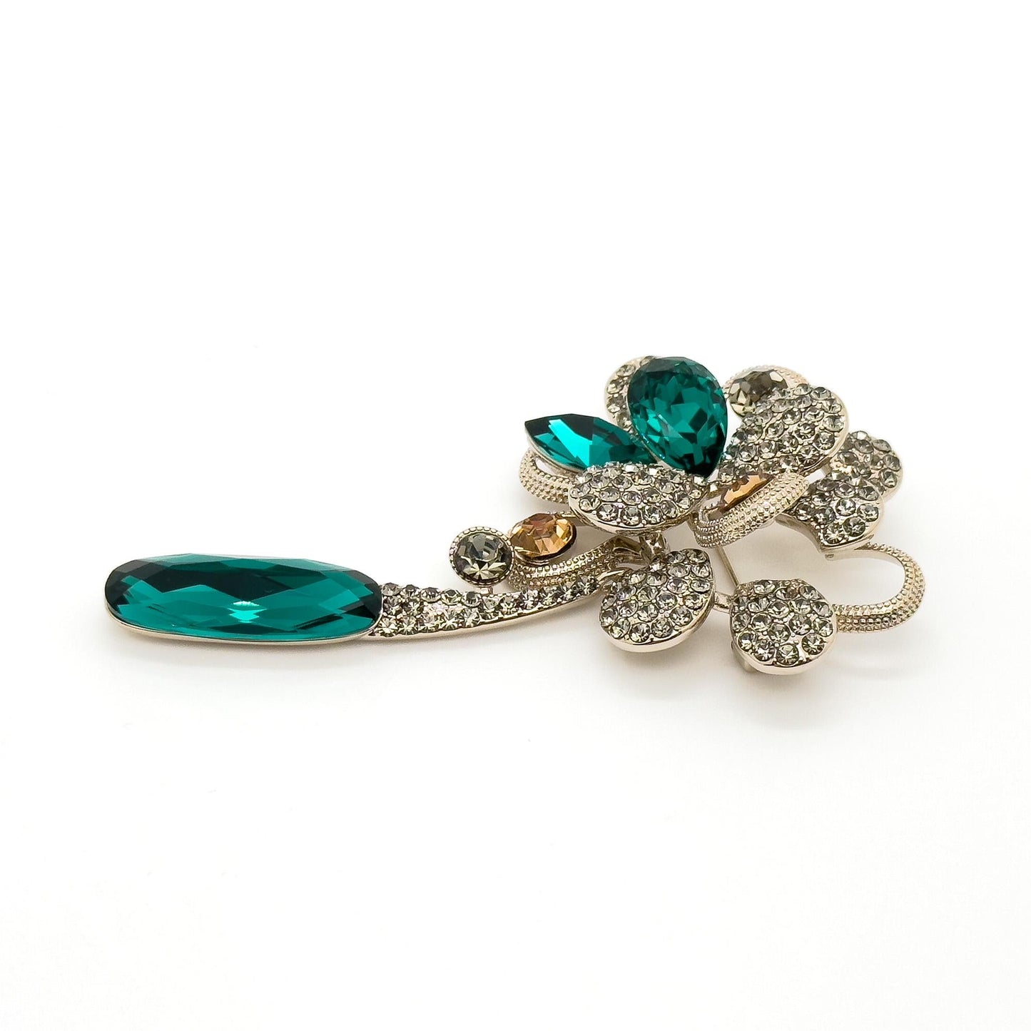 Vintage Art Deco Floral Tassel Brooch with Zircon and Crystal