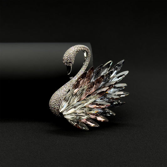 French Vintage Crystal Swan Brooch with Zircon Pearl Accents