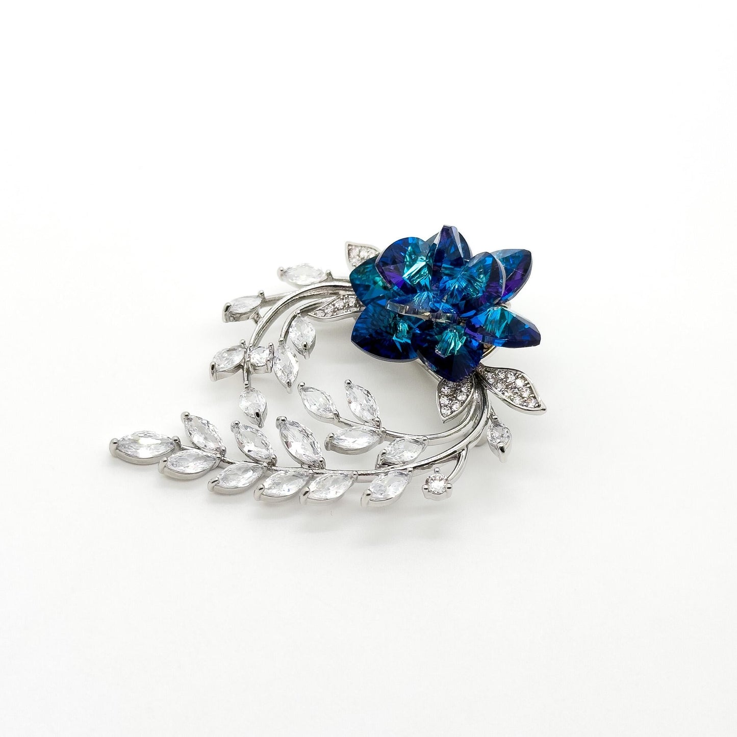 Minimalist Blue Rose Brooch with K9 Crystal, Copper Pin