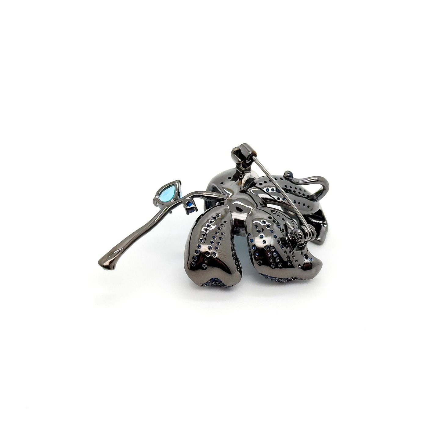 French Vintage Orchid Brooch Copper & Zircon Glass Floral Brooch