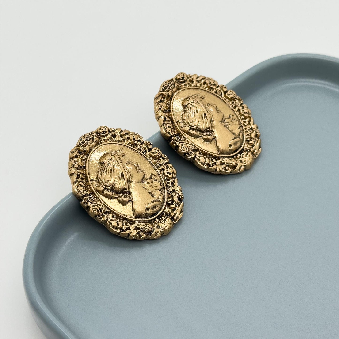 Art Deco Vintage Portrait Relief Copper Stud Earrings, 925 Silver