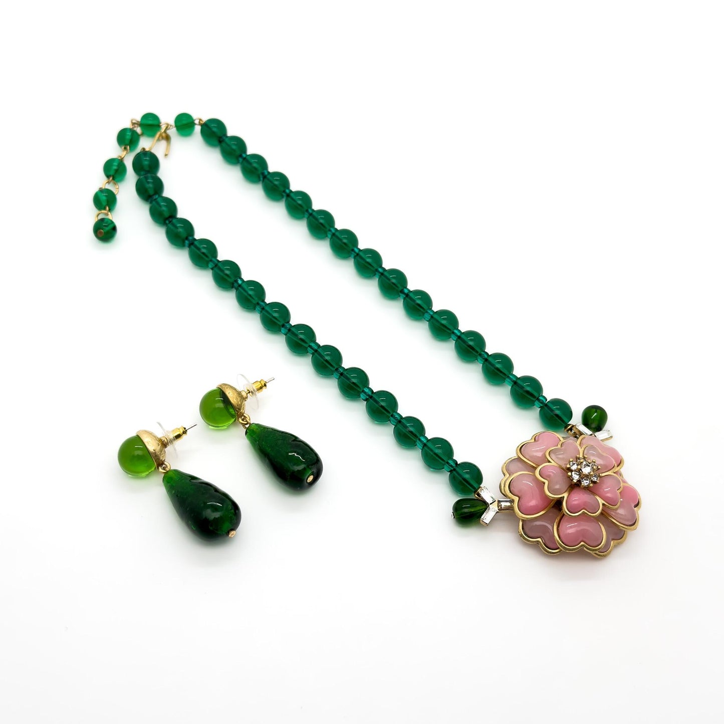 French Vintage Pink Flower Necklace and Earrings Gift Set