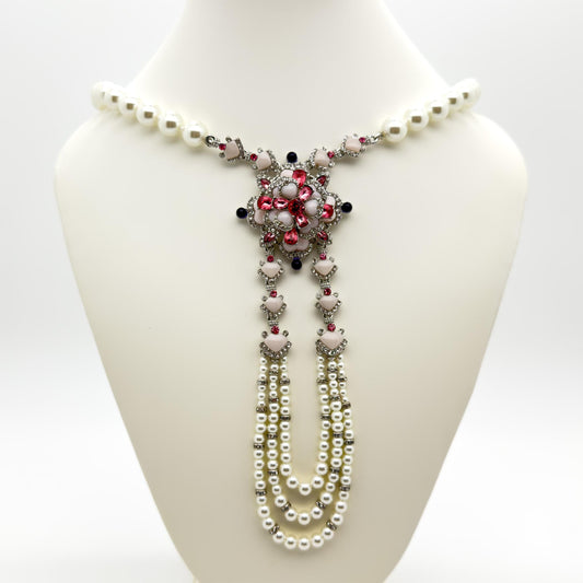 French Vintage Pearl Flower Pendant Necklace and Earrings Set