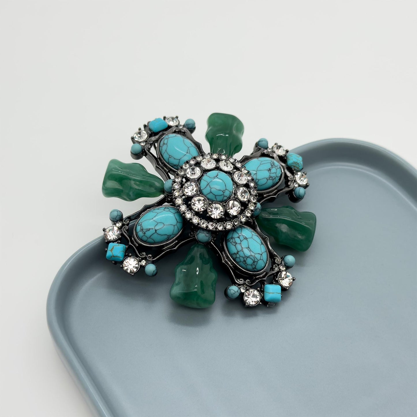 Vintage Art Deco Turquoise Cross Brooch Large Rhinestone Copper Statement