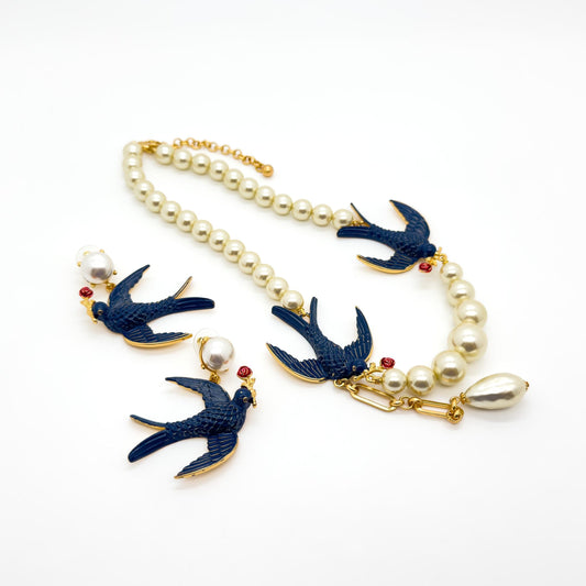 French Vintage Petrel Pearl Enamel Necklace and Earrings Set