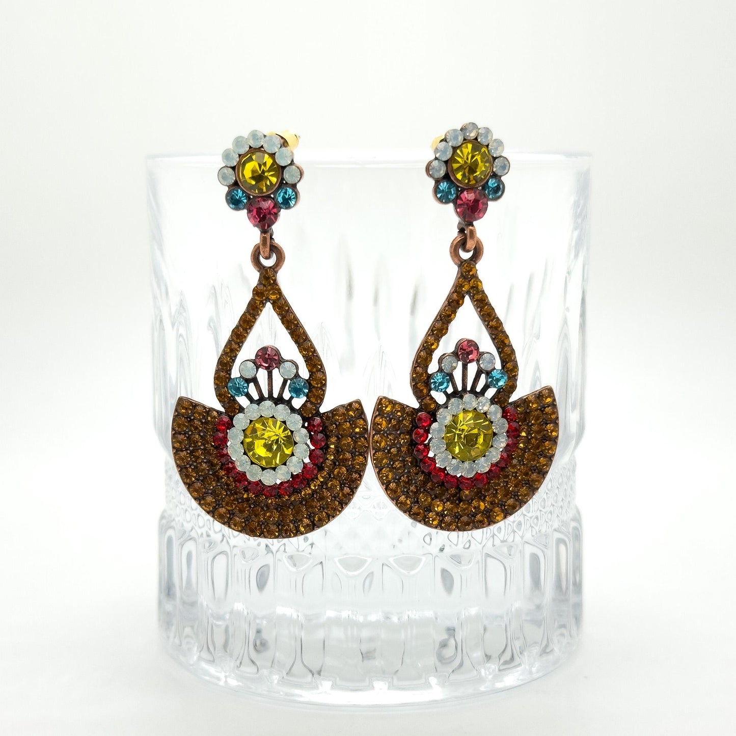 Vintage Sunflower Copper Zircon Stud Earrings Art Deco Large