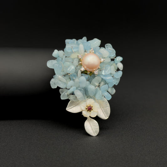 Blue Stone Flower Brooch with Pearl Accent in Copper