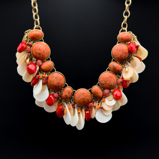 Vintage Art Deco Mother-of-Pearl Gemstone Pendant Necklace Boho Party