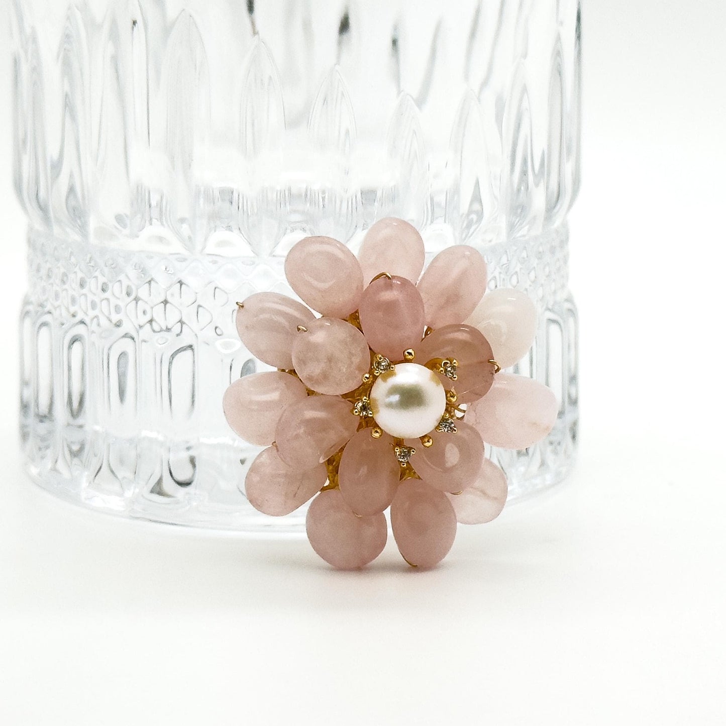 Handmade Pink Stone Flower Brooch with Pearl Copper Pin