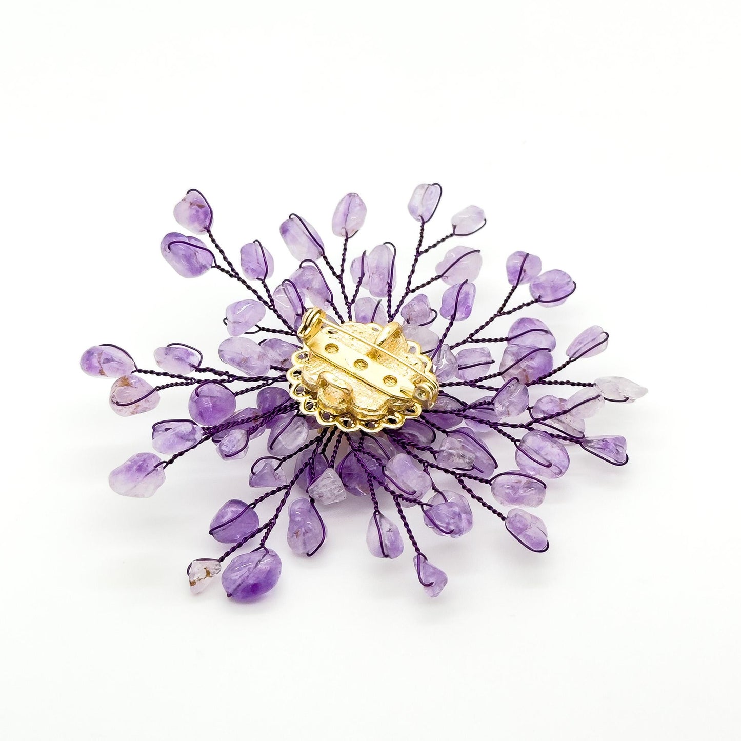 Handmade Purple Crystal Brooch with Pearl Accents and Copper Setting