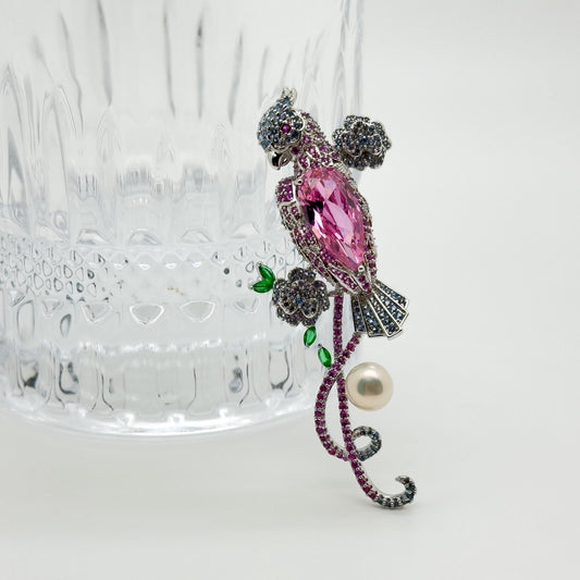 Rose Parrot Crystal Brooch Copper Suit Pin Party Accessory