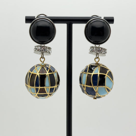 Vintage Art Deco Enamel Ball Earrings with Rhinestone Accents