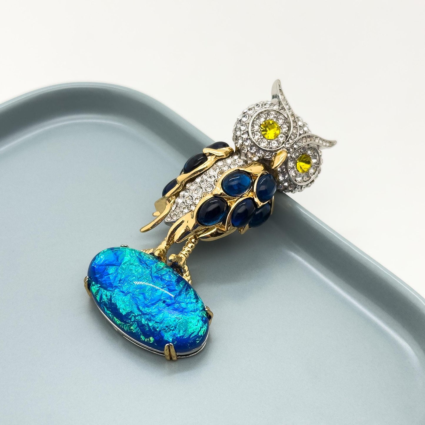 Art Deco Owl Brooch Rhinestone Pearl Copper Handcrafted Pin