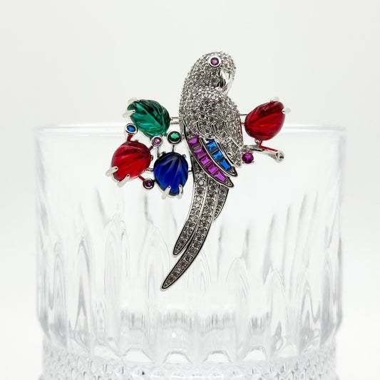 Vintage Colourful Glass Parrot Brooch Copper Zircon Handmade Gift