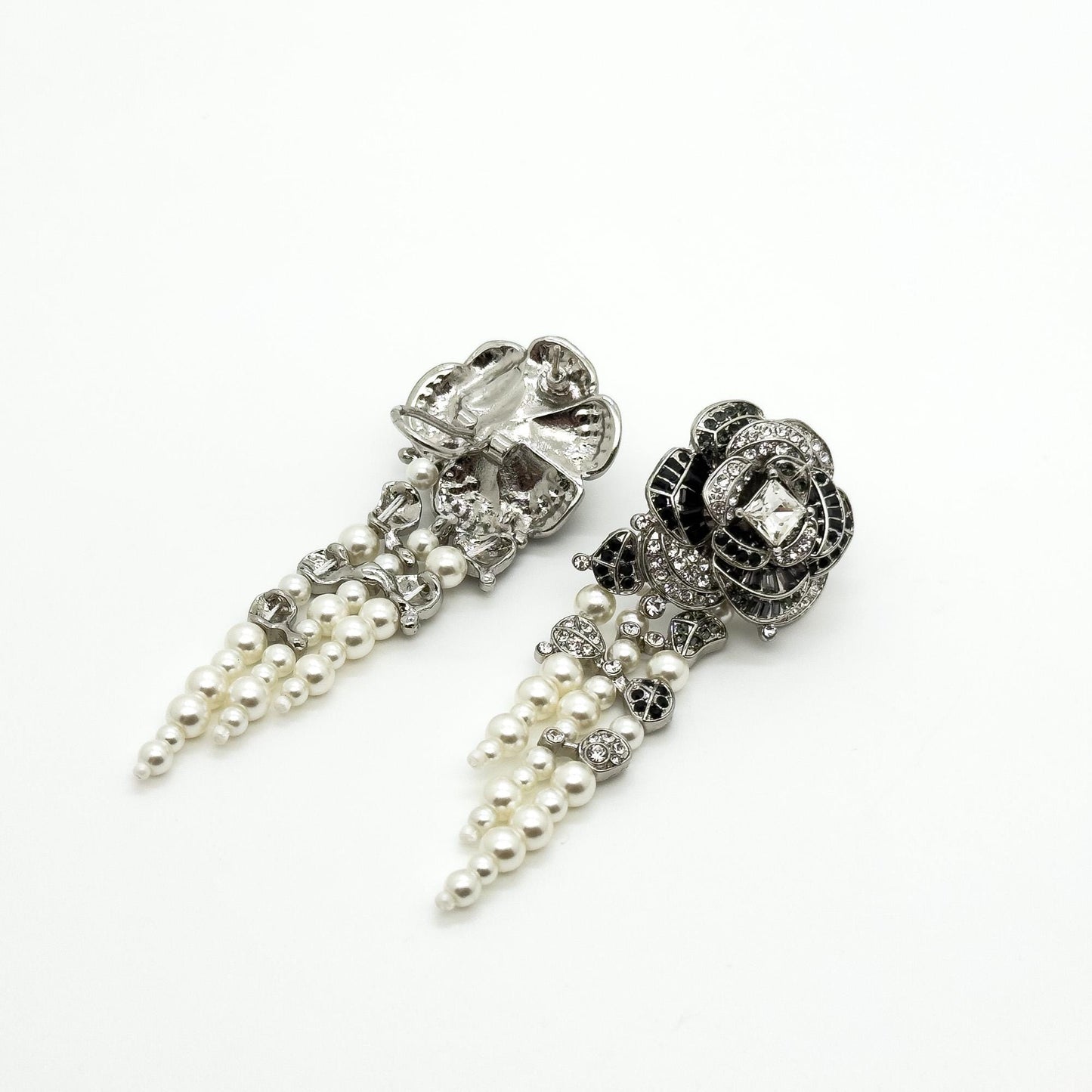 Vintage Art Deco Rose Flower Pearl Tassel Zircon Earrings