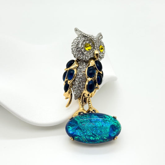Art Deco Owl Brooch Rhinestone Pearl Copper Handcrafted Pin