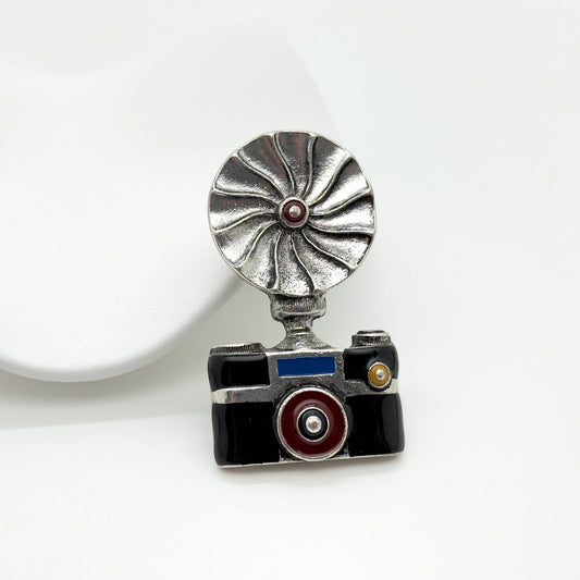 Art Deco Vintage Camera Brooch Copper Enamel Pin Accessory