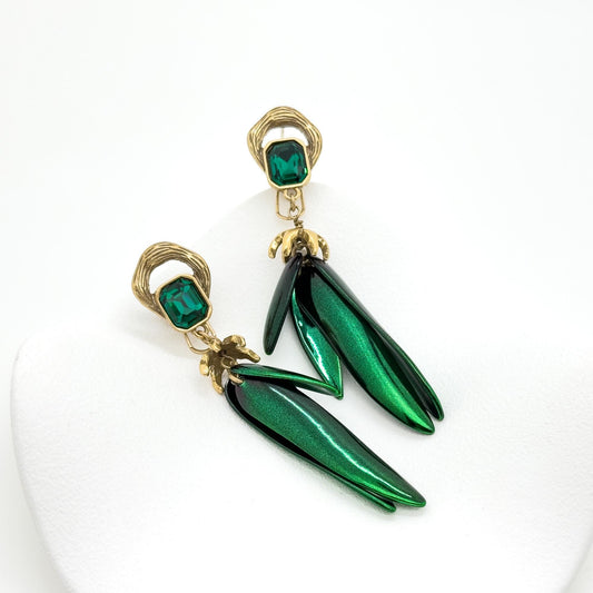Vintage Art Deco Beetle Wings Emerald Enamel Zircon Stud Earrings
