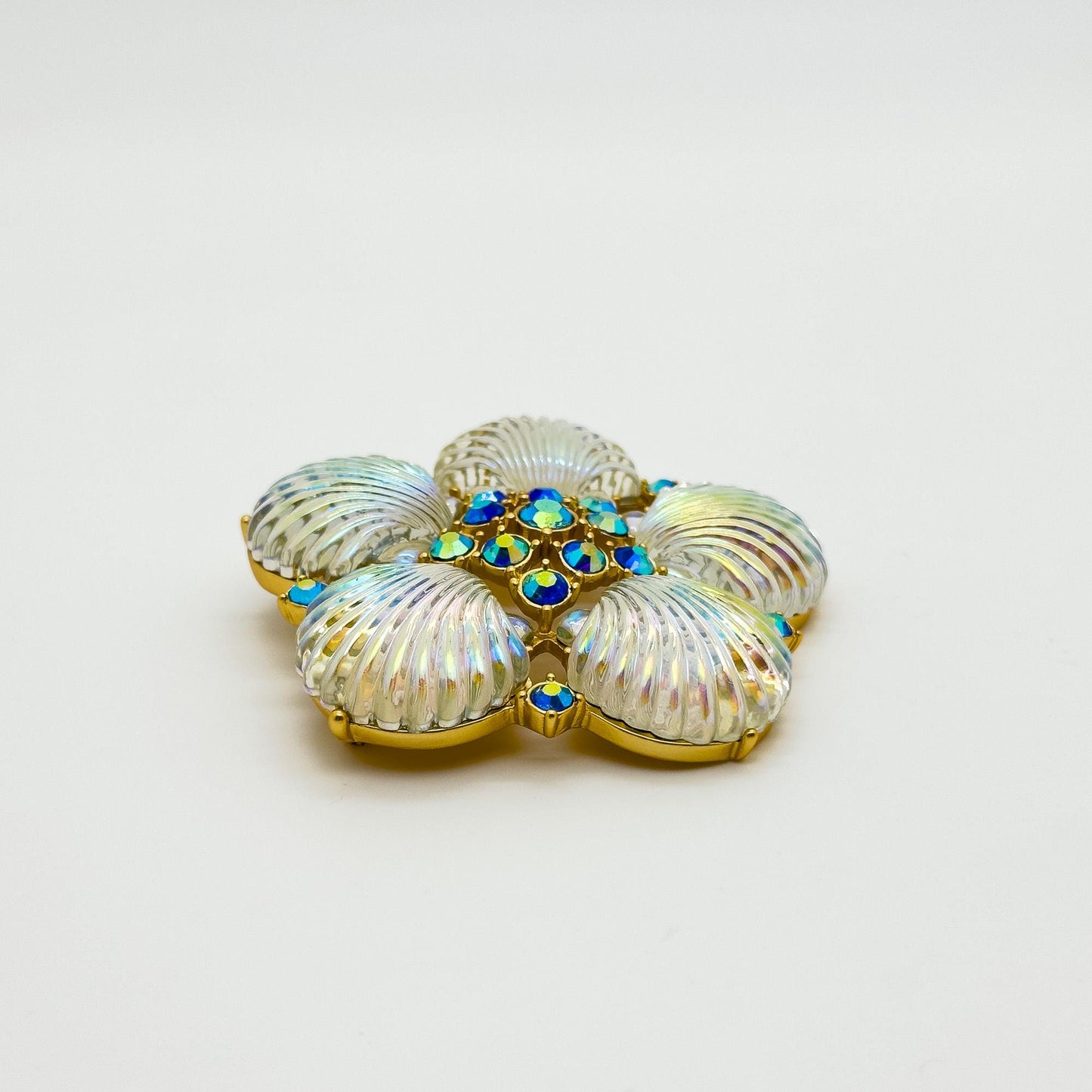 Art Deco Crystal Flower Shell Brooch Pin with Copper Backing