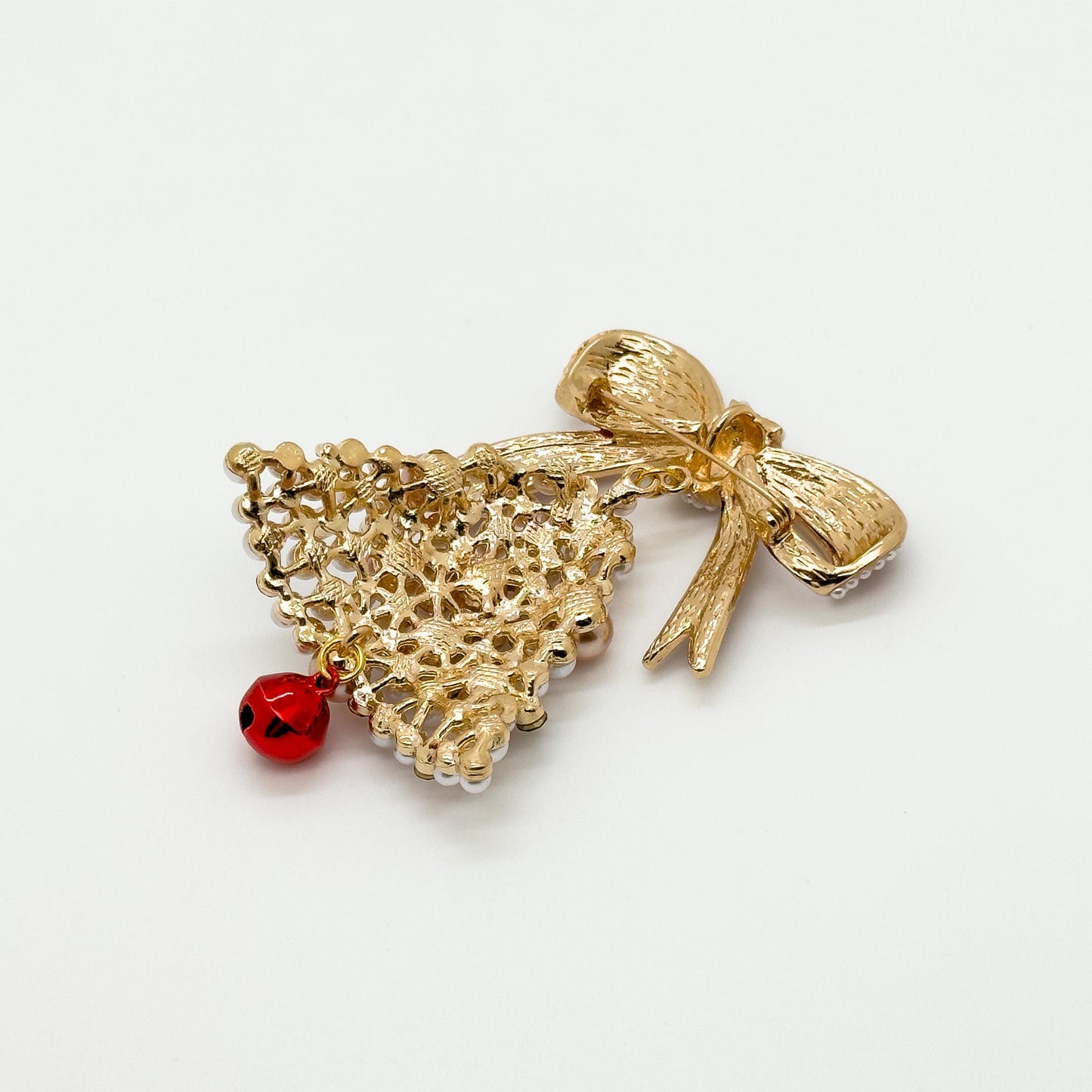 Handmade Pearl Enamel Christmas Tree Brooch with Bow Detail