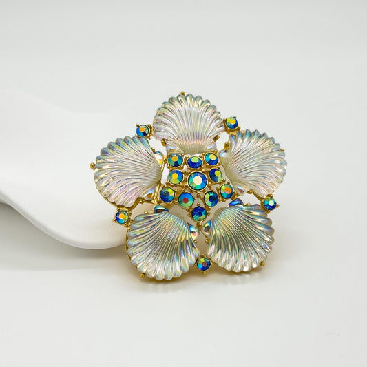 Art Deco Crystal Flower Shell Brooch Pin with Copper Backing