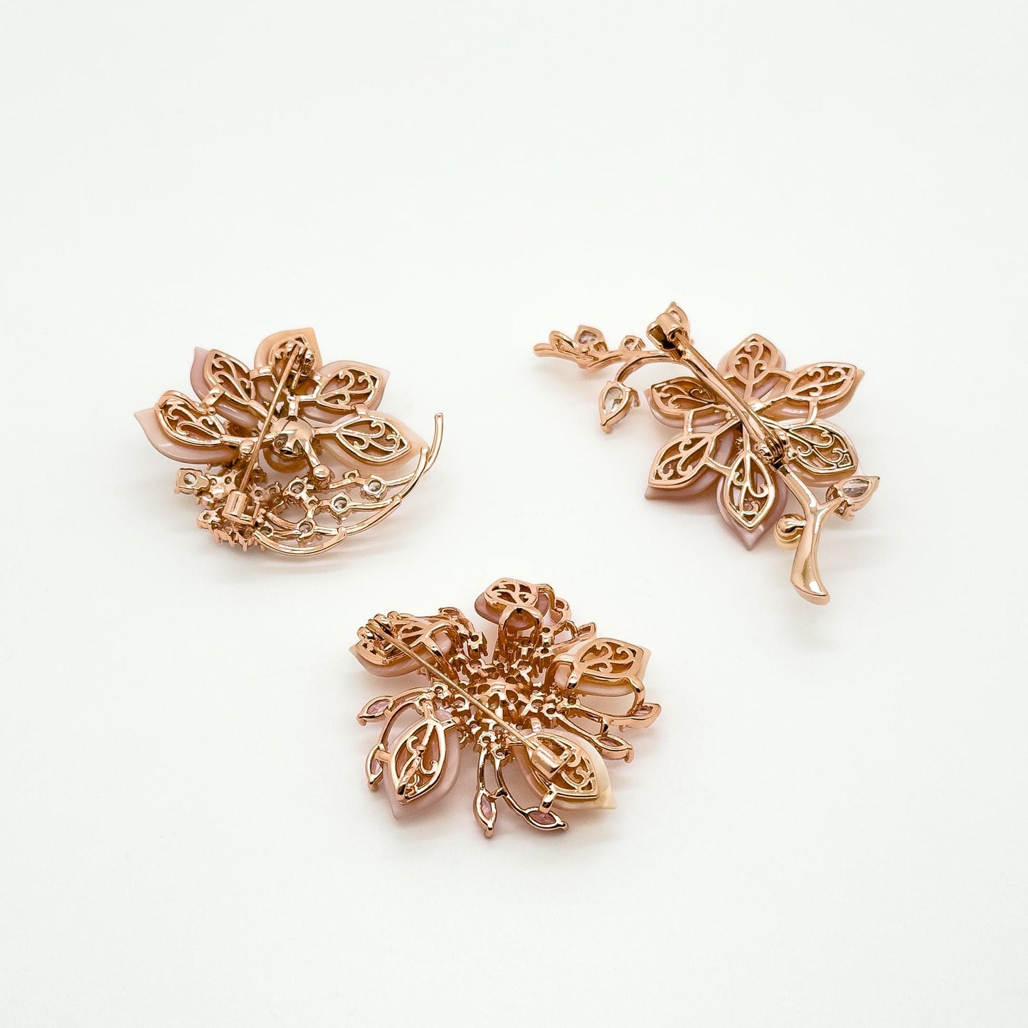Handmade Pink Flower Brooch Shell Pearl Zircon Copper Suit Pin