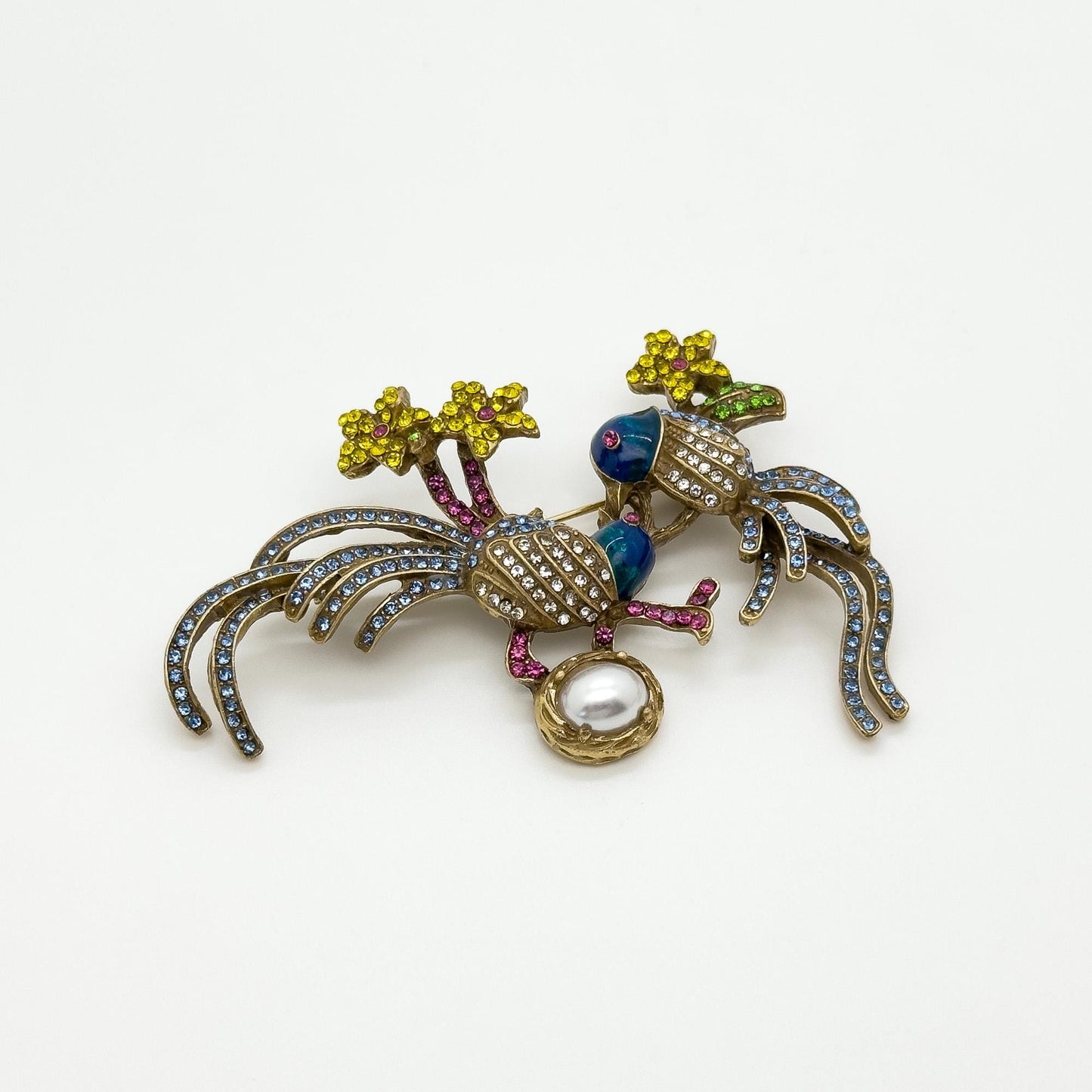 Vintage Art Deco Bird Brooch with Rhinestones and Enamel