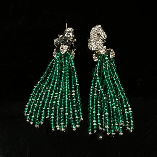 Green Beaded Rhinestone Long Earrings