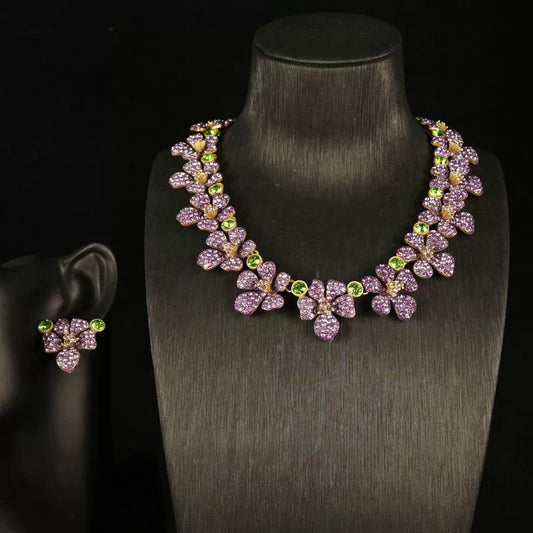 Vintage French Purple Flower Necklace & Stud Earrings