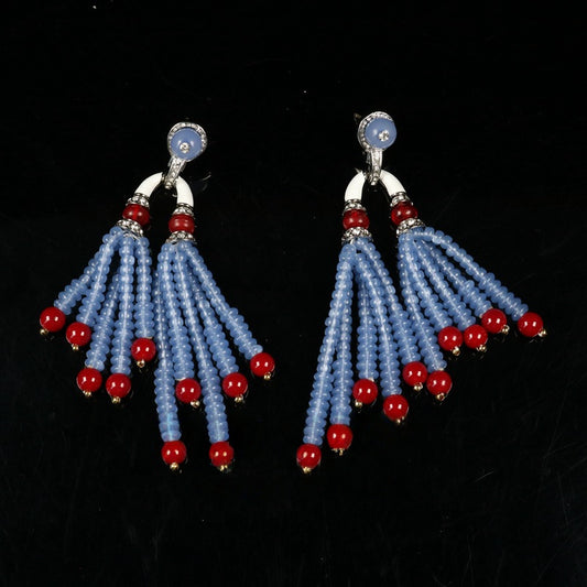 Vintage Blue Beaded Enamel Tassel Earrings