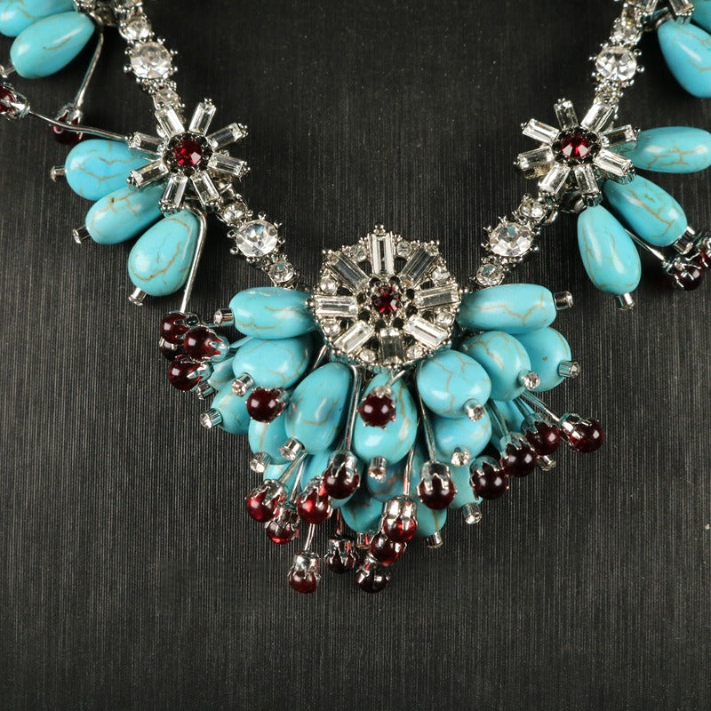 Turquoise Glass Flower Brooch & Earrings Necklace Set