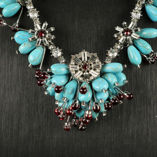 Turquoise Glass Flower Brooch & Earrings Necklace Set