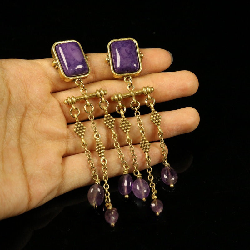 Retro Royal Long Tassel Earrings | Stud & Clip-On